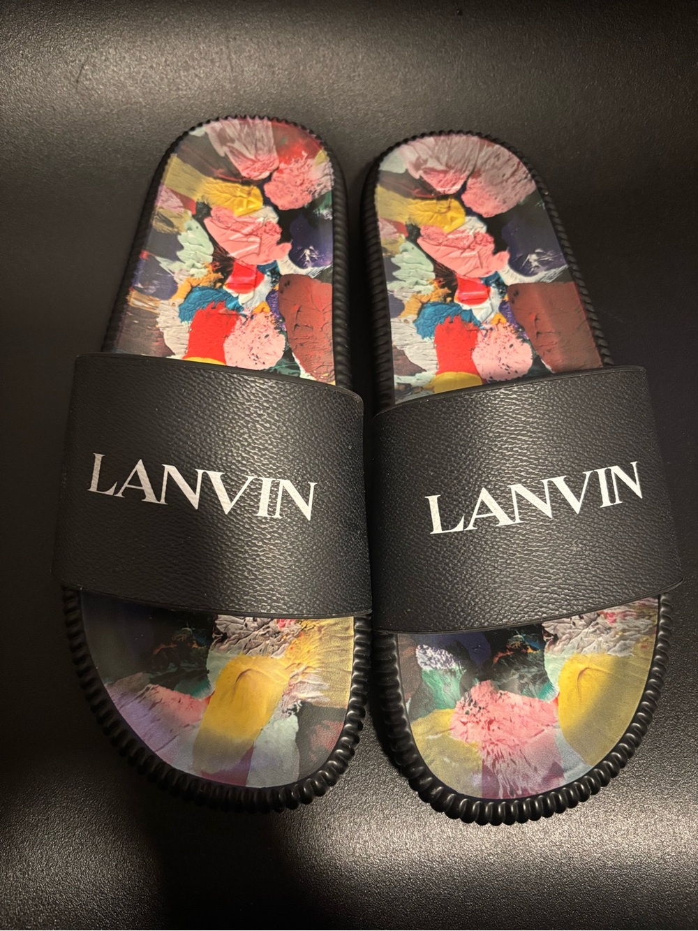 Lanvin Black Slides with Multicolor Painted Footbed